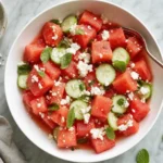 Watermelon feta cucumber salad in a white bowl on marble, garnished with fresh mint leaves