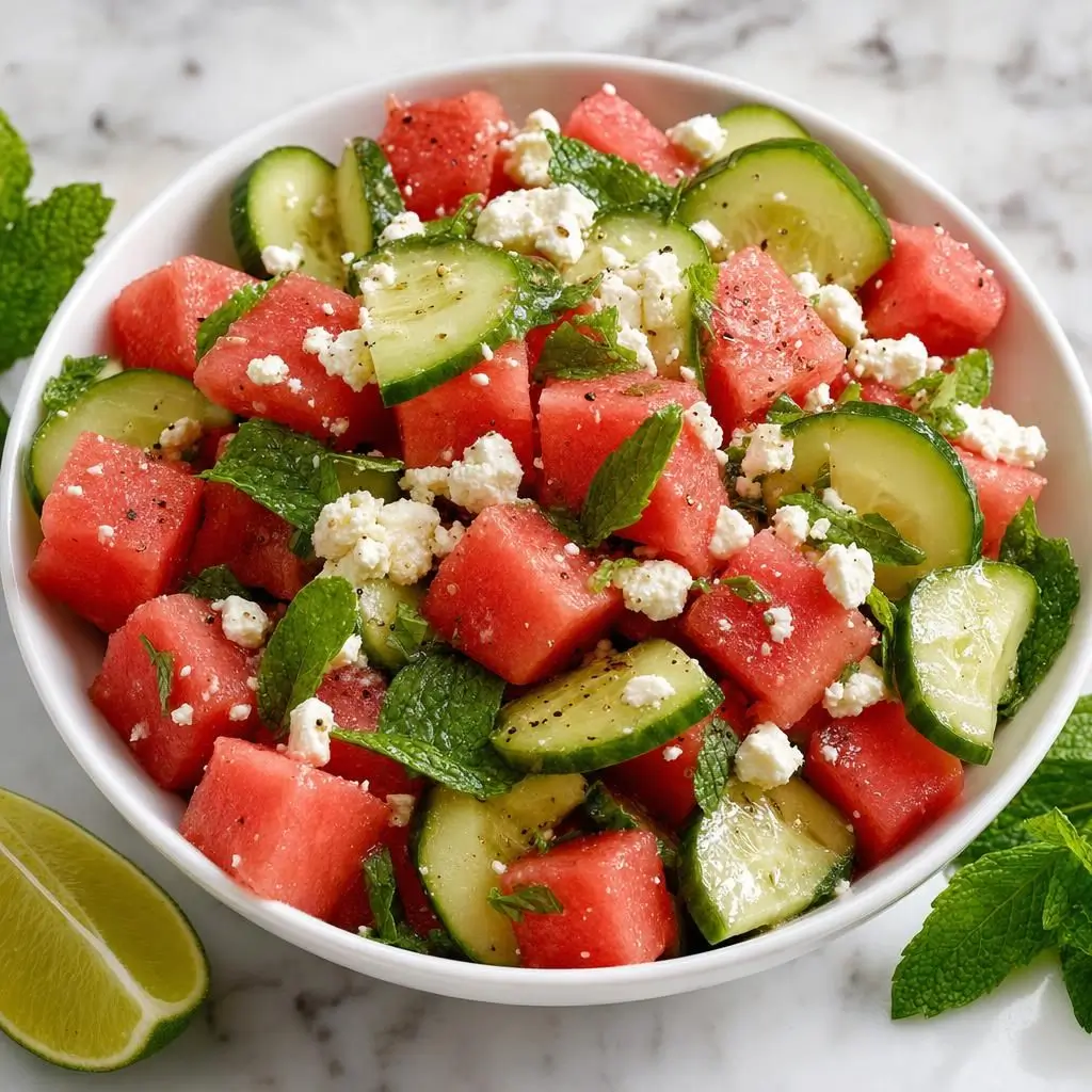 Close-up serving of watermelon feta cucumber salad recipe in a small white bowl