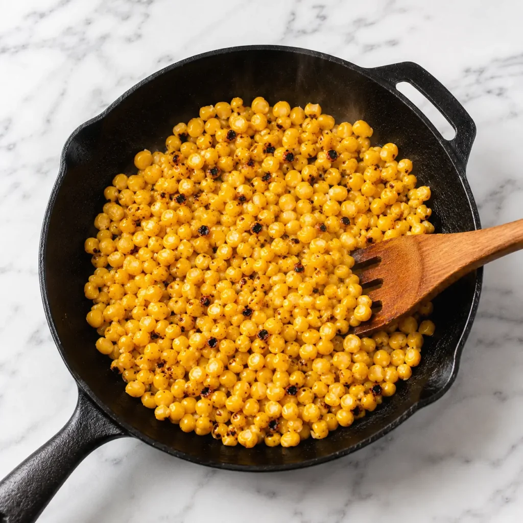 Charred corn kernels cooking in a cast iron skillet for a grilled chicken avocado bowl