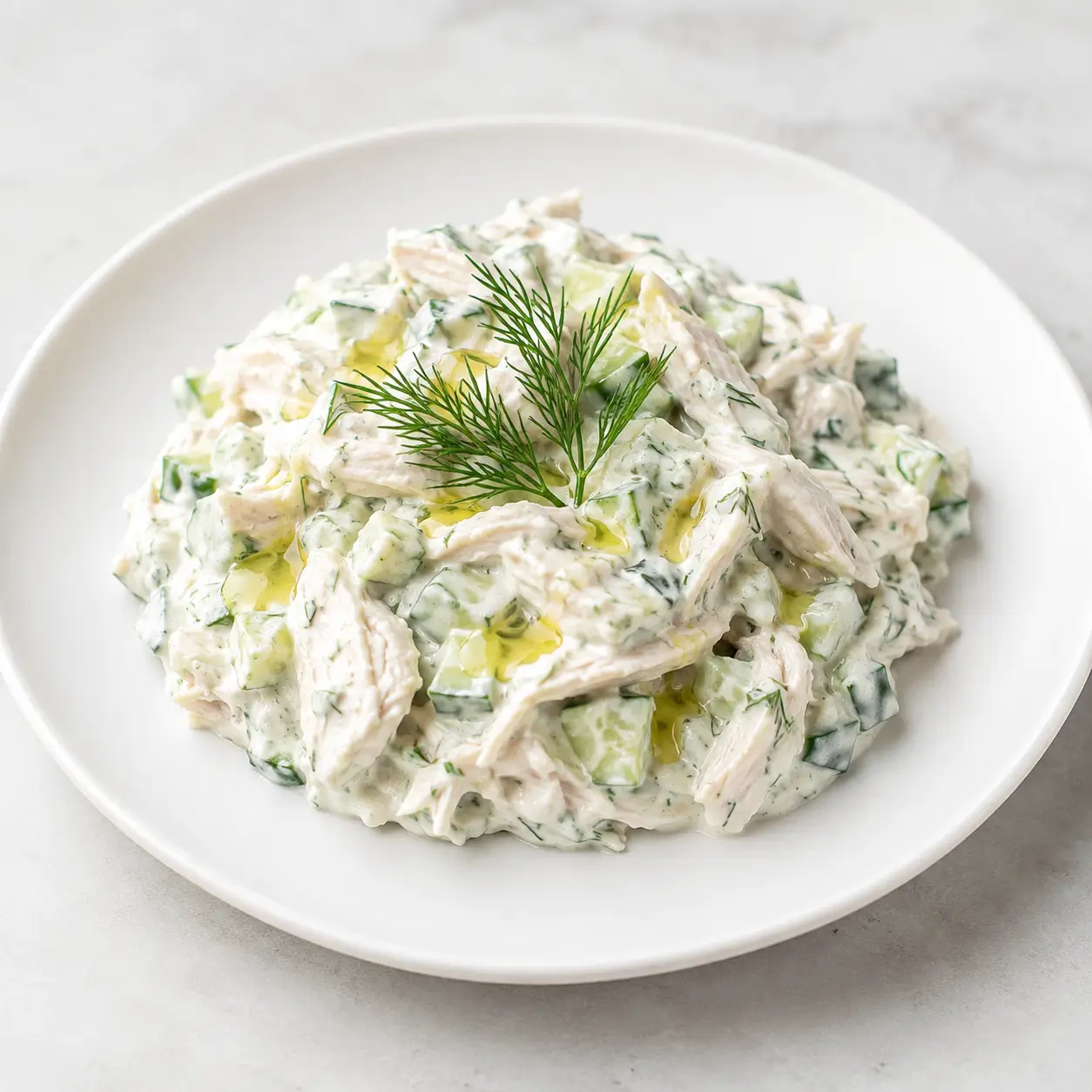 Creamy tzatziki chicken salad served on a white plate with fresh dill and olive oil, perfect for a healthy easy lunch recipe.