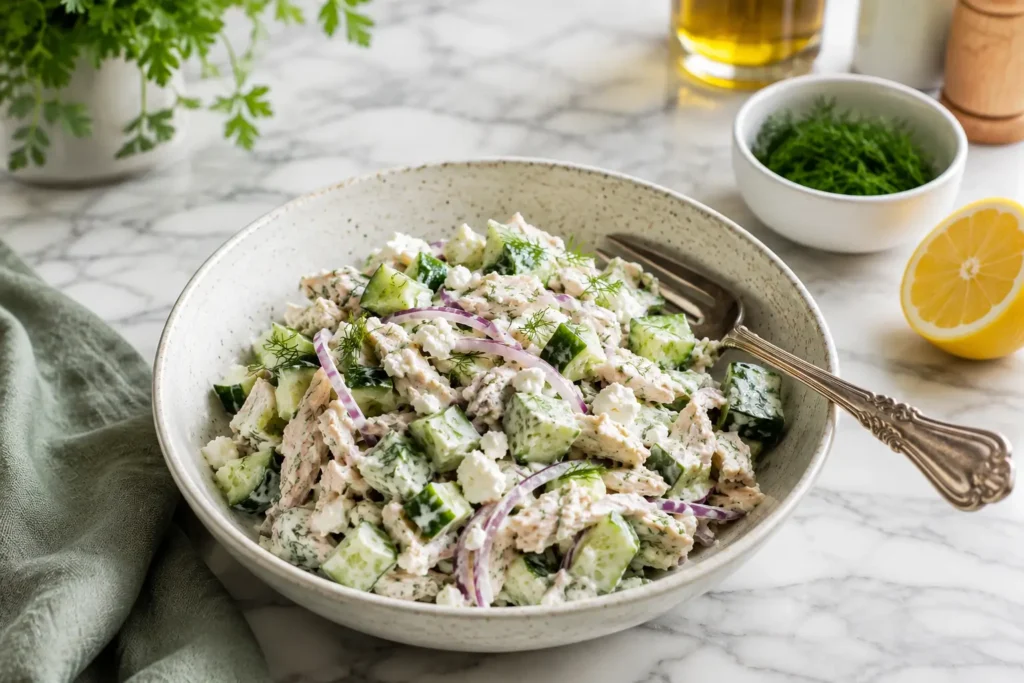 Creamy tzatziki chicken salad with shredded chicken, cucumber, feta, dill, and red onion served in a rustic ceramic bowl.