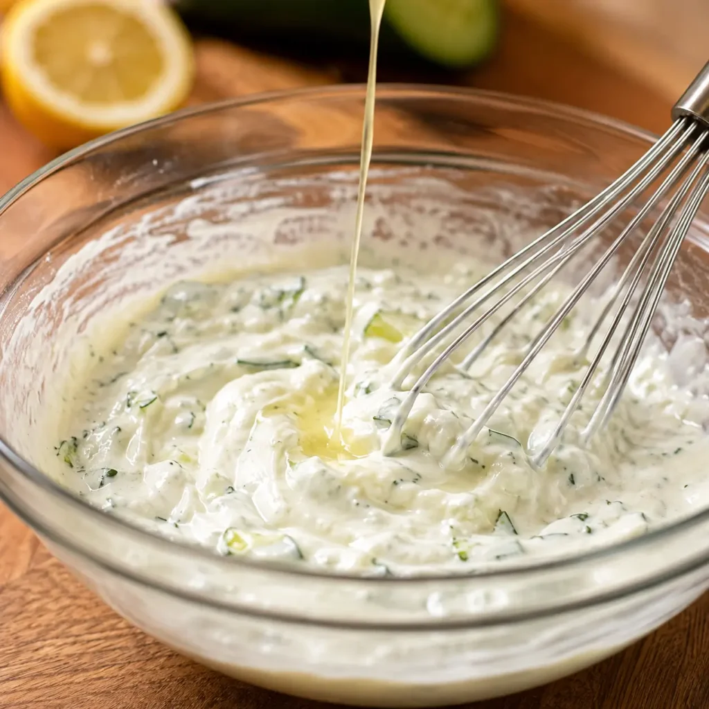 Creamy tzatziki dressing being whisked with Greek yogurt and fresh lemon juice in a glass bowl for tzatziki chicken salad.