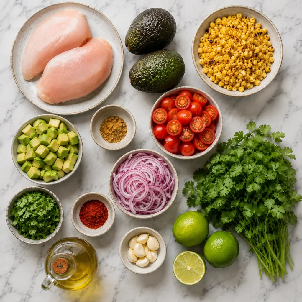 Ingredients for grilled chicken avocado corn bowl with chicken, avocado and corn