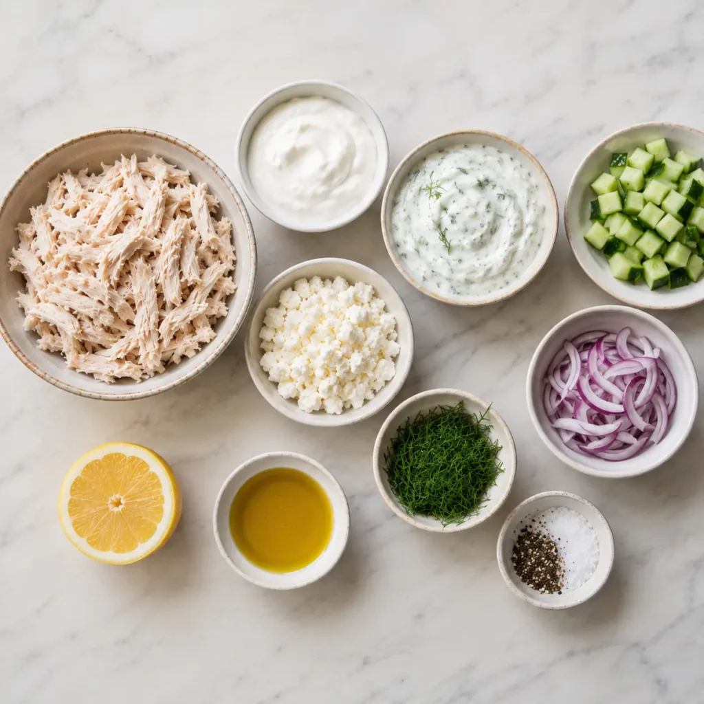 Raw ingredients for tzatziki chicken salad including shredded chicken, Greek yogurt, tzatziki, cucumber, feta, dill, lemon, and olive oil.