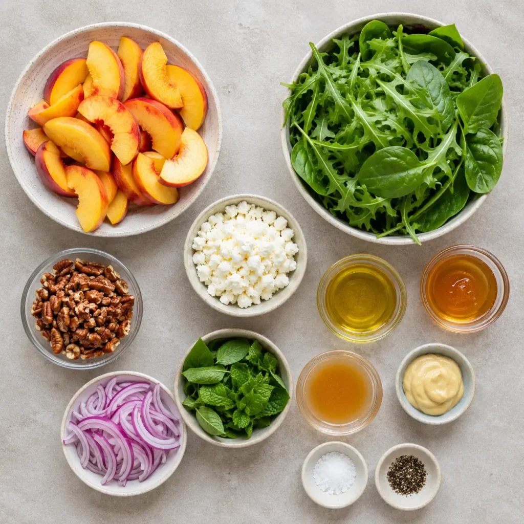 Fresh ingredients for grilled peach burrata salad including peaches, burrata, basil, cherry tomatoes, hazelnuts, and pesto.