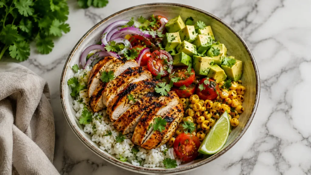 Grilled chicken avocado corn bowl with rice, avocado, grilled chicken and fresh vegetables