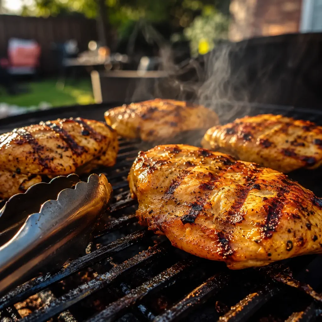 Grilled chicken sliced over lemon herb orzo with fresh cucumber, feta, and red onion salad during recipe preparation