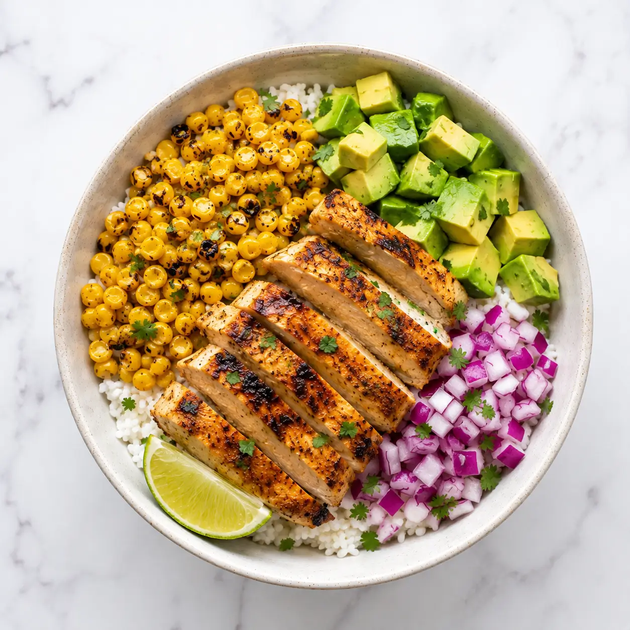 Grilled chicken avocado corn bowl with rice, charred corn and fresh avocado