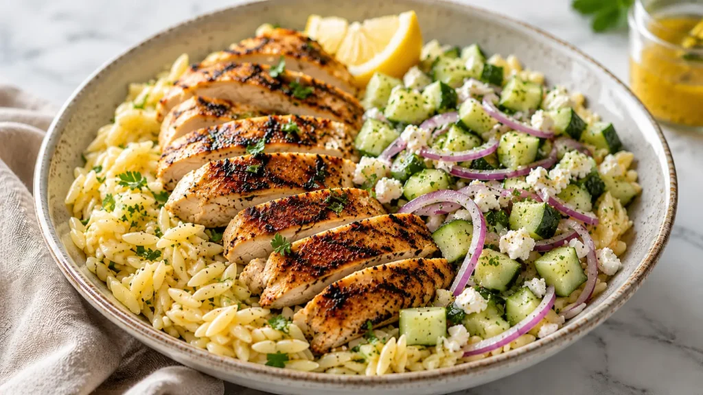 Grilled chicken orzo salad with cucumber, feta, red onion, parsley, and lemon in a fresh Mediterranean-style bowl.