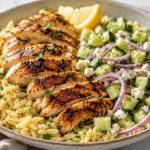 Grilled chicken orzo salad with cucumber, feta, red onion, parsley, and lemon in a fresh Mediterranean-style bowl.