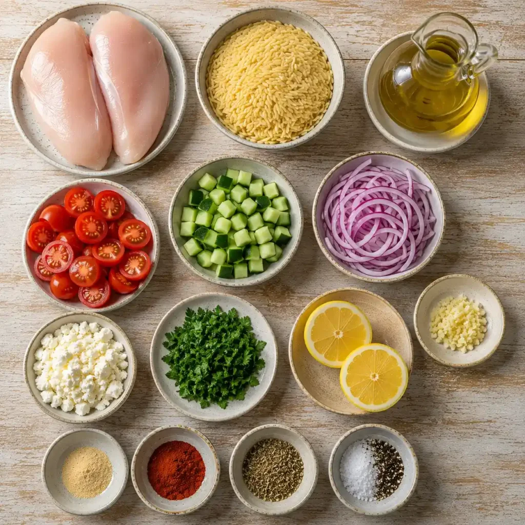 Raw ingredients for grilled chicken orzo salad including chicken, orzo, cucumber, feta, herbs, lemon, olive oil, and spices.