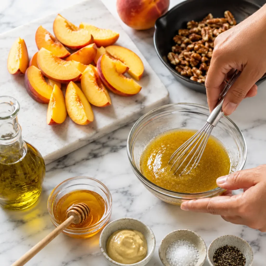 Whisking honey Dijon vinaigrette in a glass bowl beside sliced peaches and toasted pecans for a fresh summer peach salad.