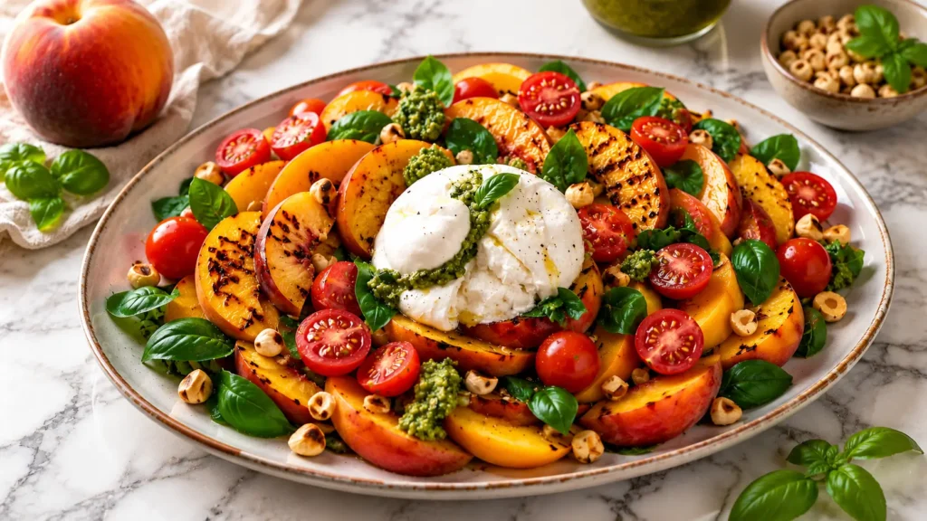 Grilled peach salad with creamy burrata, cherry tomatoes, fresh basil, toasted hazelnuts, and pesto on a serving platter.