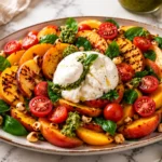 Grilled peach salad with creamy burrata, cherry tomatoes, fresh basil, toasted hazelnuts, and pesto on a serving platter.