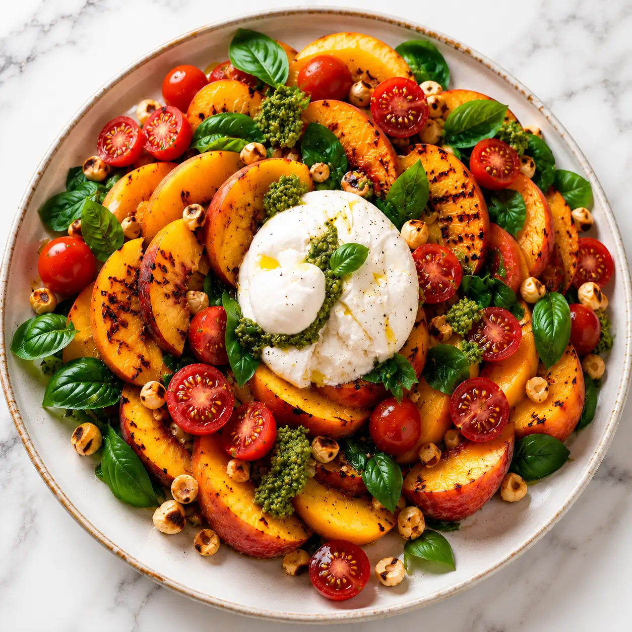 Summer peach salad with mixed greens, feta, toasted pecans, basil, and honey Dijon dressing served in a white bowl.